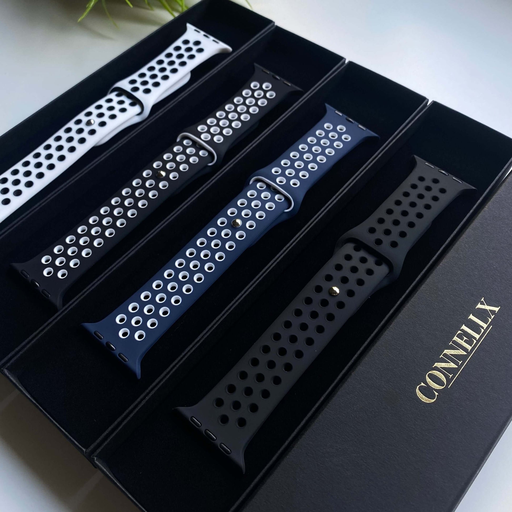 Connellx silicone sport apple watch strap bands luxury iwatch straps black white navy